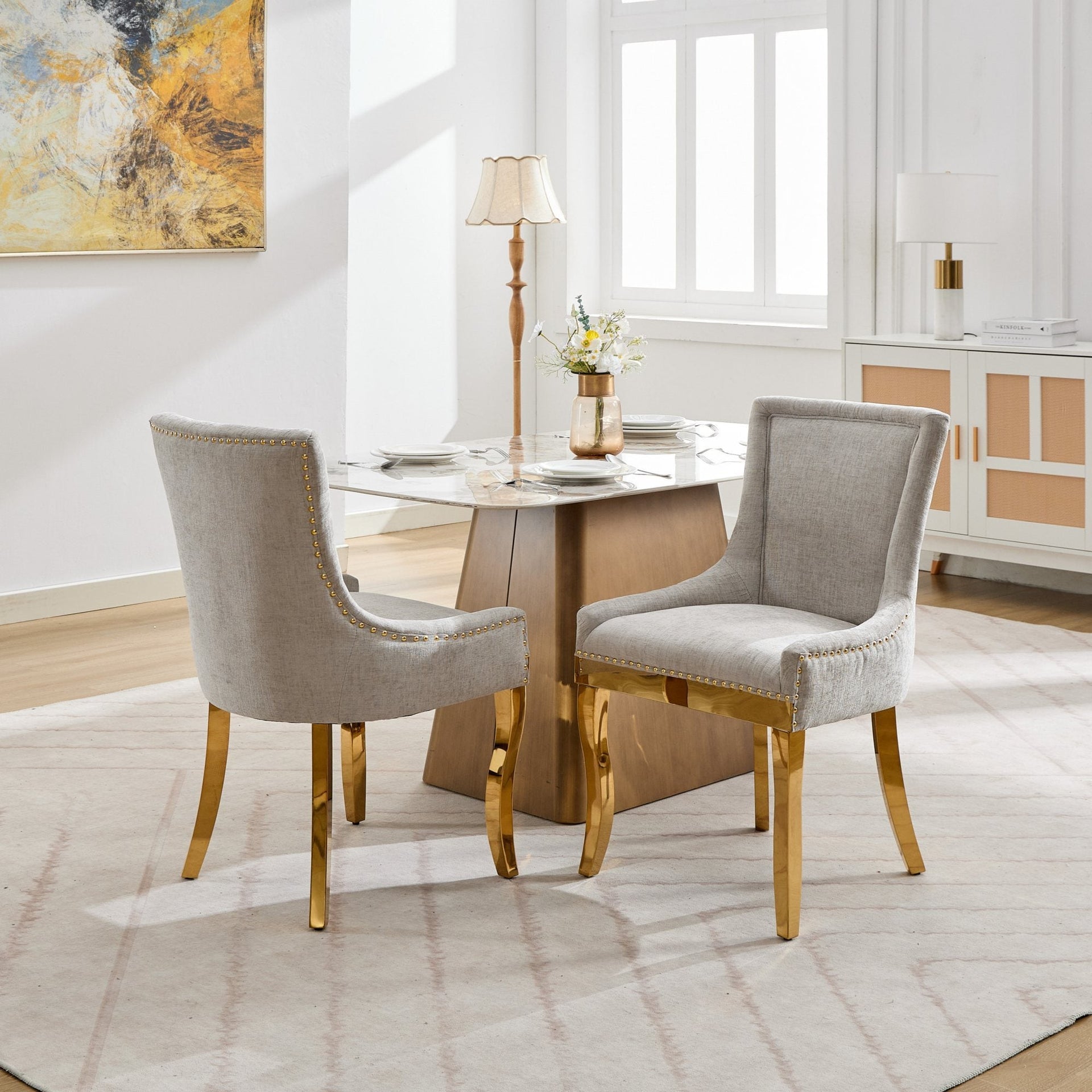 Chenille Dining Chairs Modern Style with Curved Gold-Plated Legs & Rivet Trim