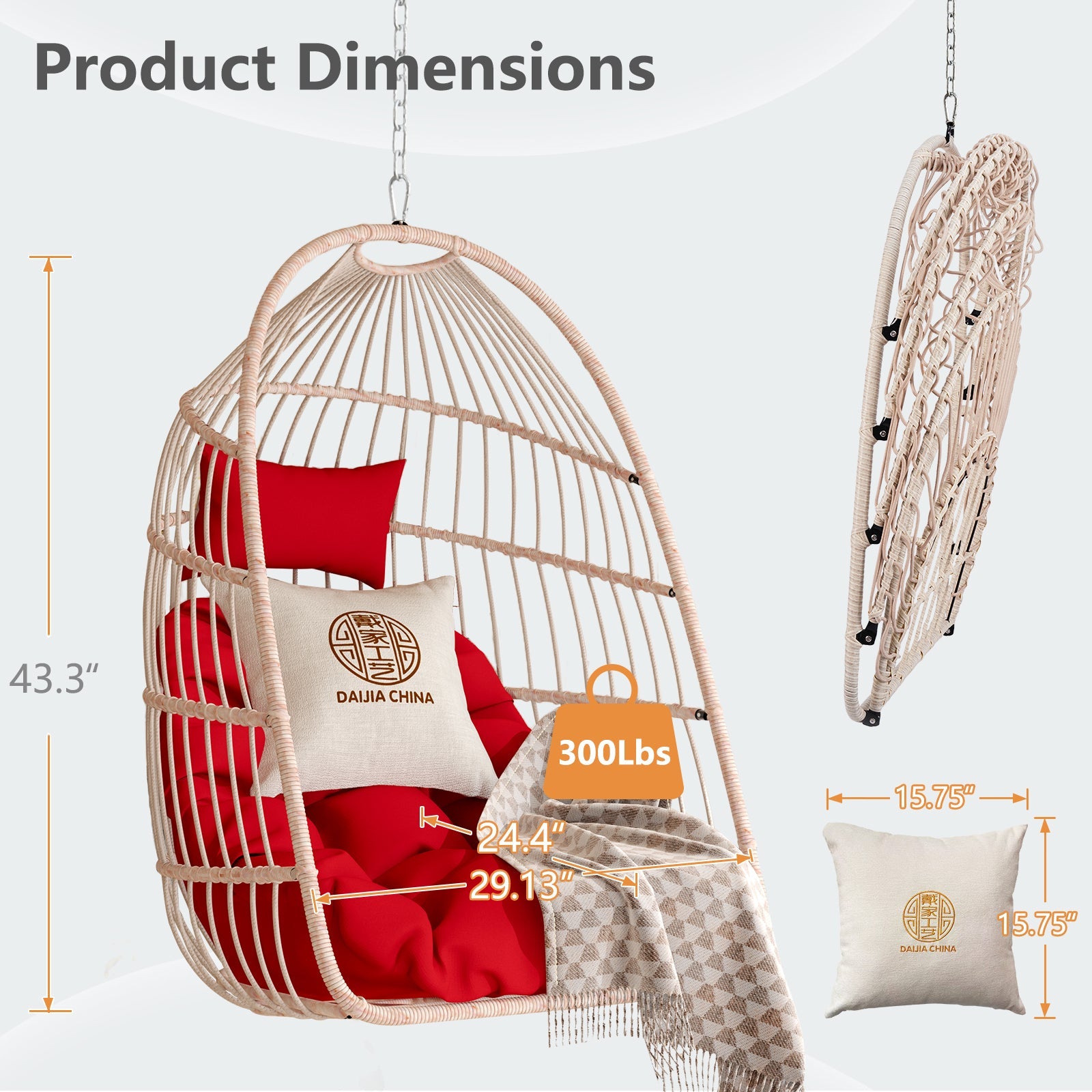 Outdoor Garden Rattan Egg Swing Hanging Chair PE Wicker Hanging Chair for Outdoor Patio
