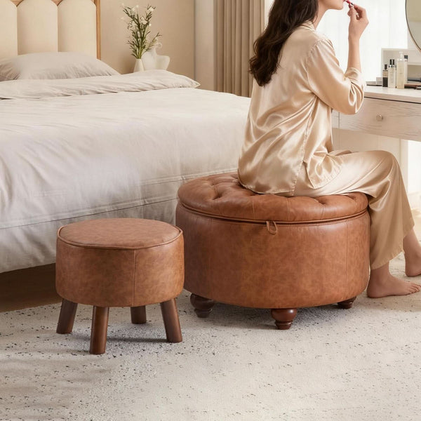 Twenty FourInch Round PU Leatherette Storage Ottoman