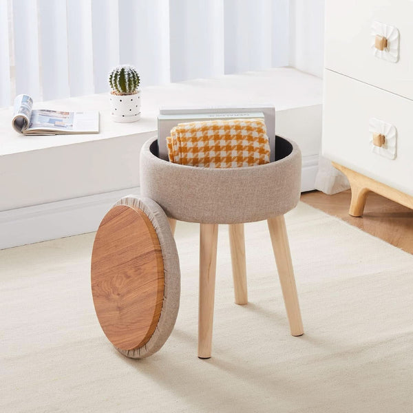 Khaki Linen Storage Velvet Upholstered Ottoman With Tray