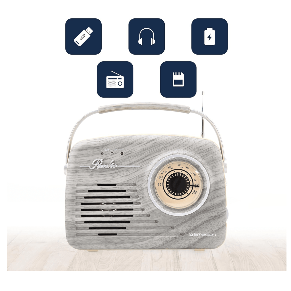 Emerson Portable Retro Radio with Built-In Rechargeable Battery and Memory Set
