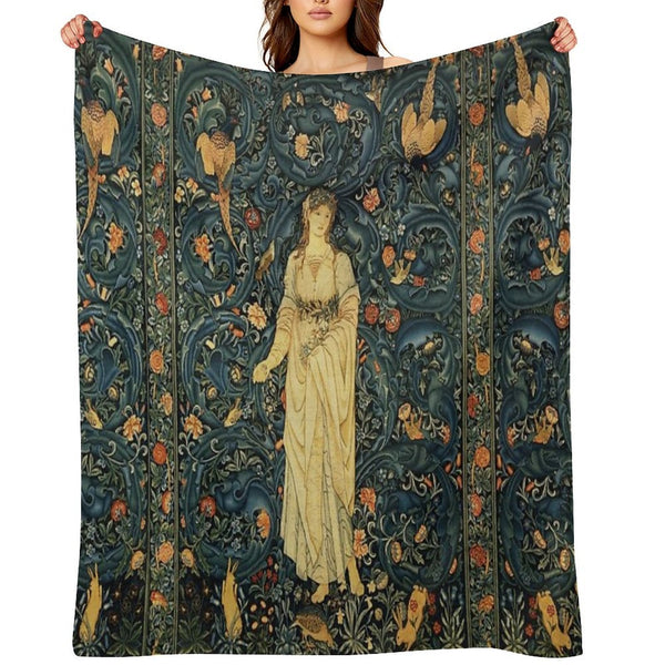 LADY FLORA, GREENERY, FOREST ANIMALS ,PHEASANT BIRDS ,RABBITS Blue Green Floral Tapestry Easy Care Throw Blanket