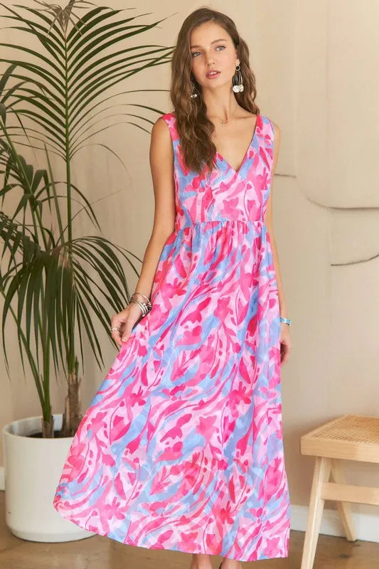 New Summer Abstract Floral V-Neck Maxi Dress – Elegant, Artistic Print, Flattering Silhouette, Sophisticated Glamour