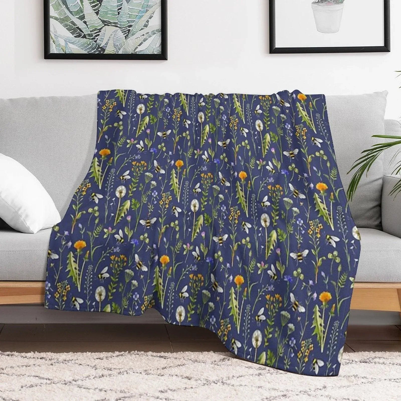 Bees And Wildflowers  Dark Blue Throw Blanket