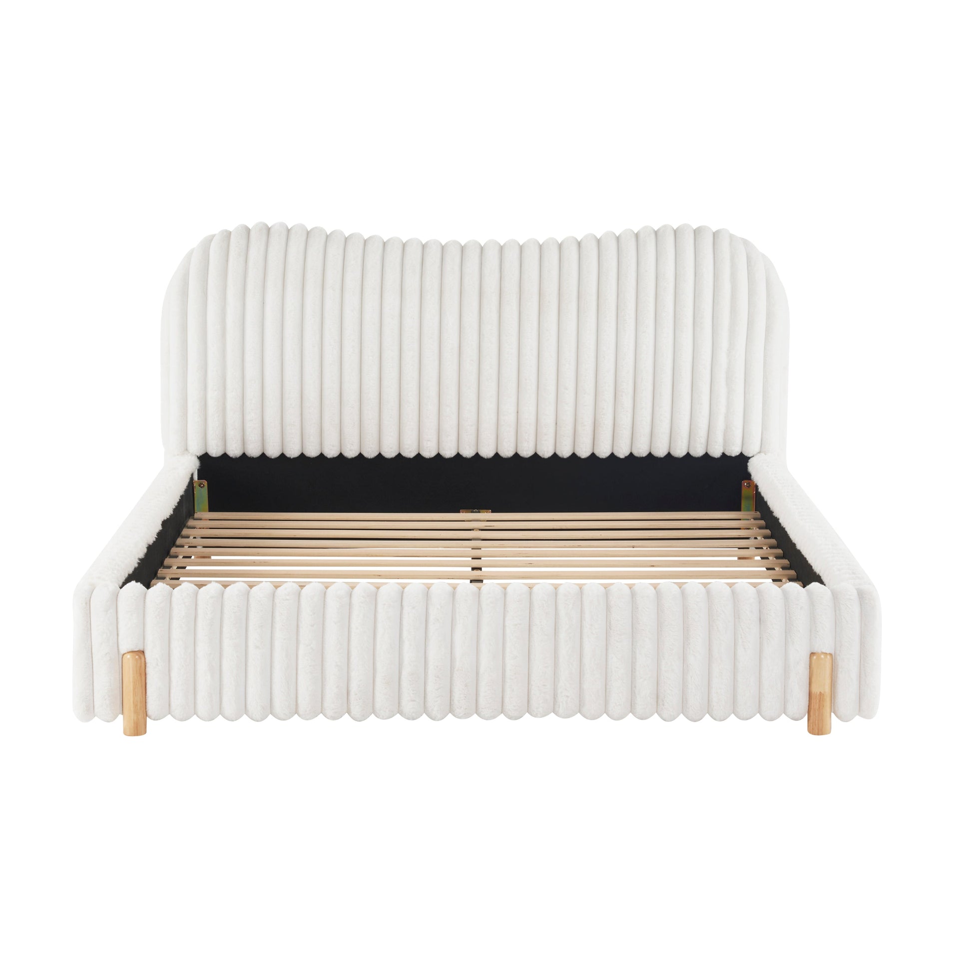 Sleek White Boucle Upholstered Bed with Wavy Headboard & Vertical Stitching, Queen