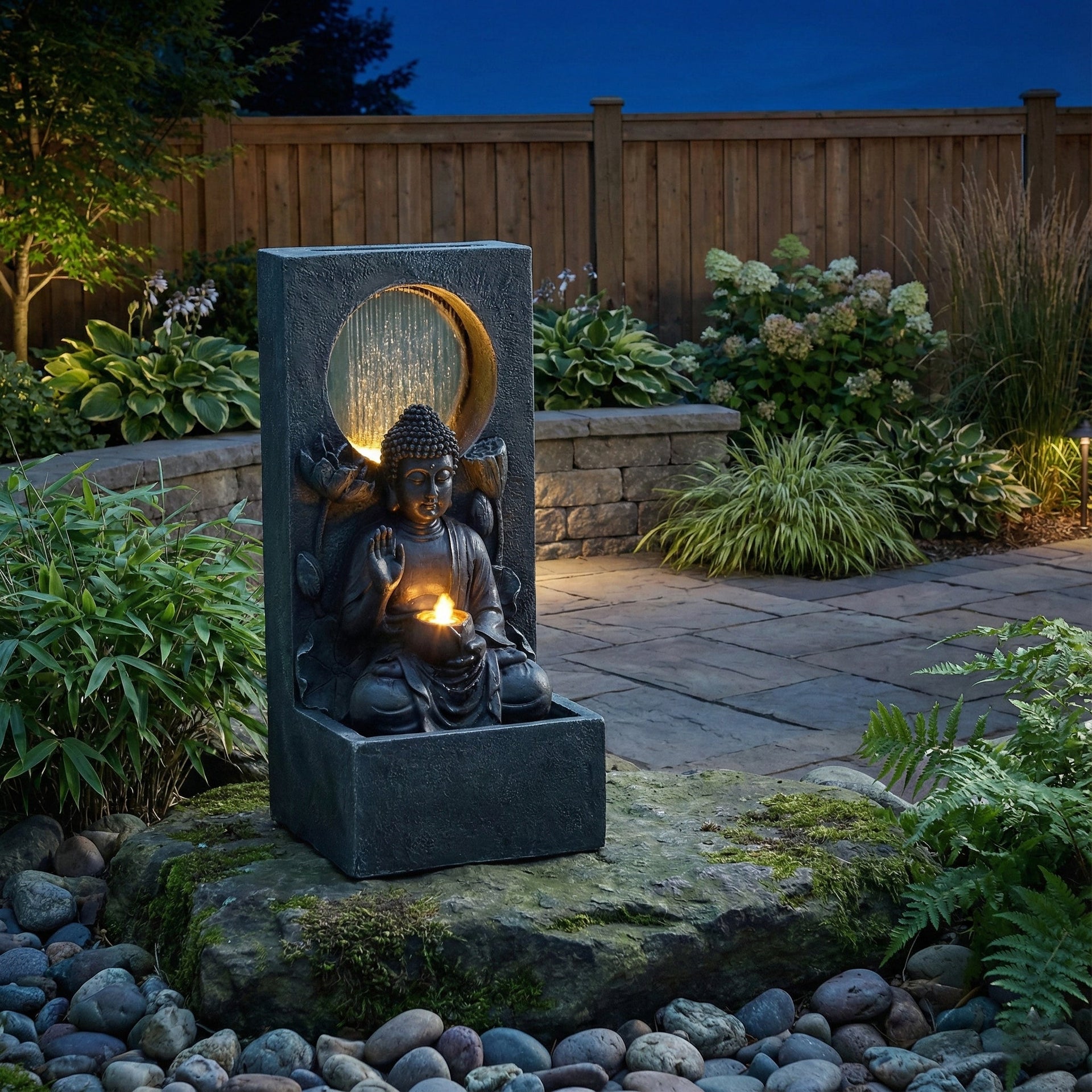 Resin Buddha Wall Panel Outdoor Fountain 28 Inch LED