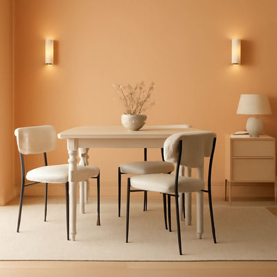 White Boucle Upholstered Dining Chairs With Cushions