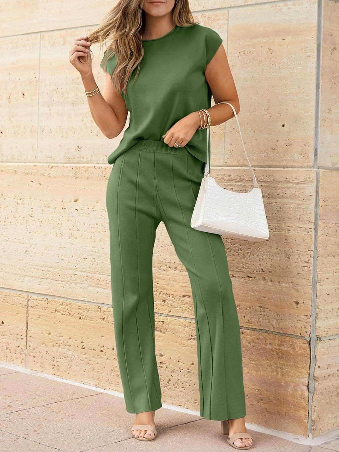 Round Neck Cap Sleeve Top and Pants Knit Set for Women