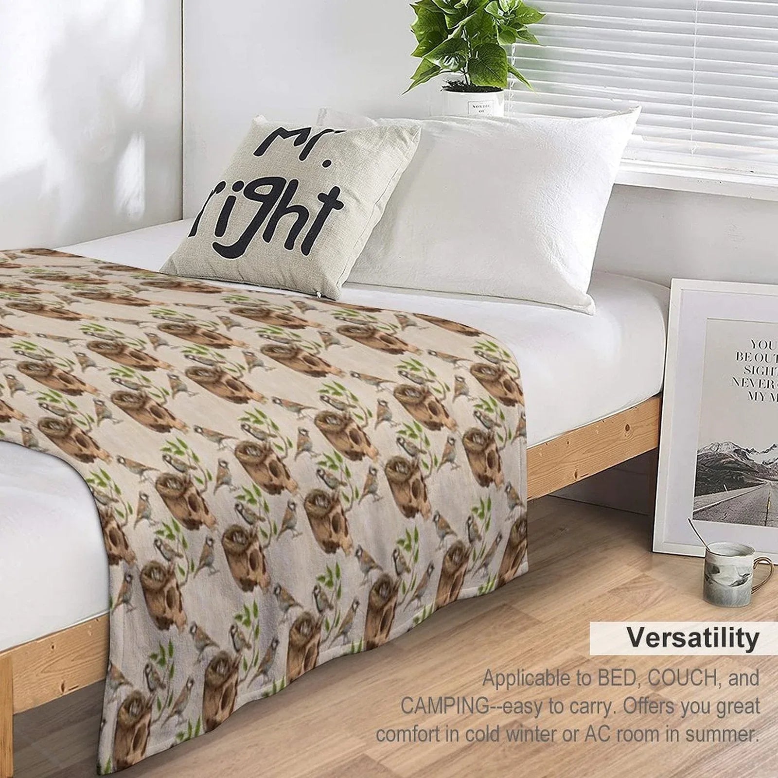 Black And White Illustration of Birds Making A Nest in Animal Skull Throw Blanket