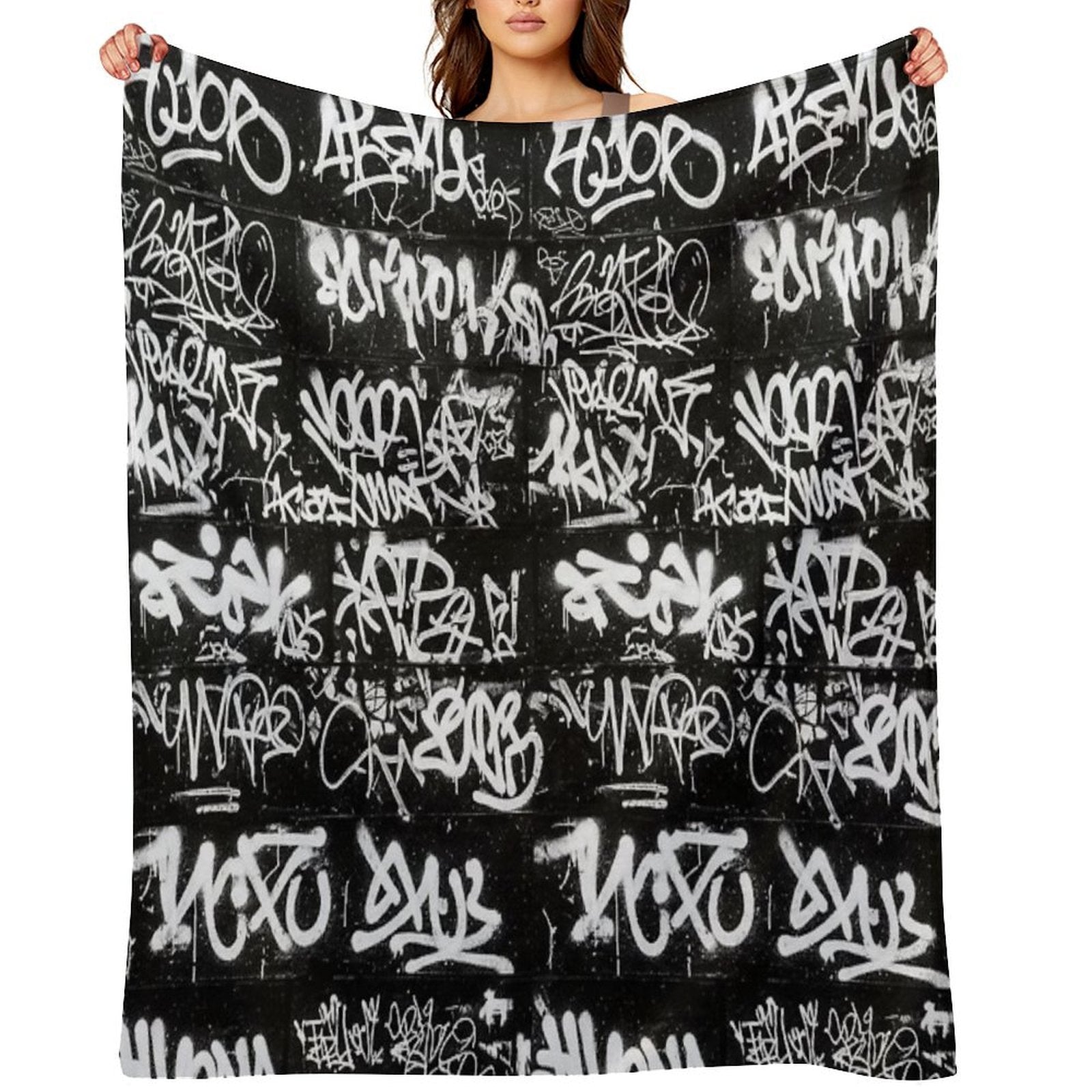 White Graffiti Tags on Black Wall Mural Durable Throw Blanket
