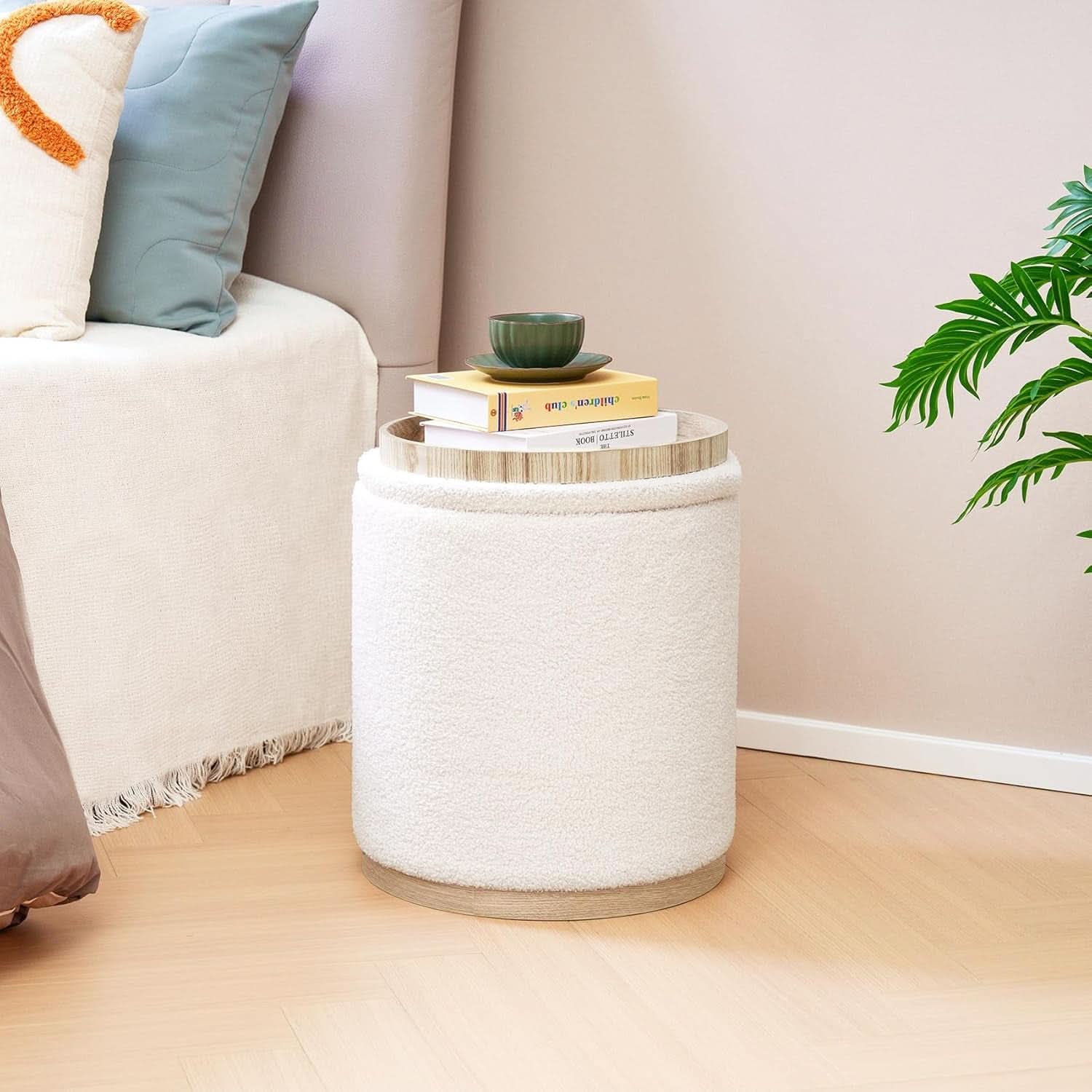 White Velvet Round Storage Ottoman FifteenInches Compact
