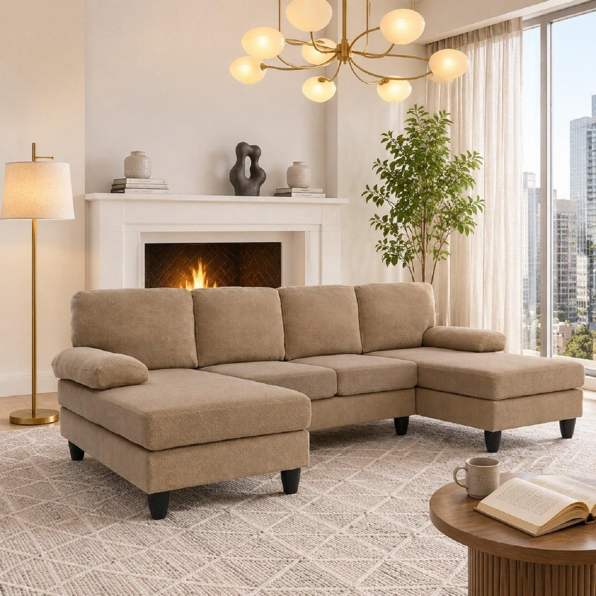 Modern Camel U-Shaped Sectional Sofa with Deep Seats & Plush Cushion Arms