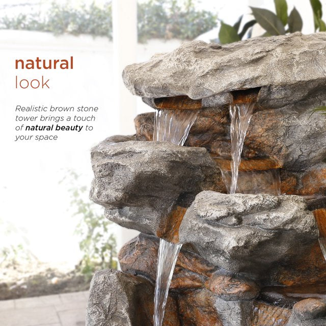 Alpine Corporation 52 in. Tall Outdoor 5-Tier Rainforest Rock Water Fountain with LED Lights