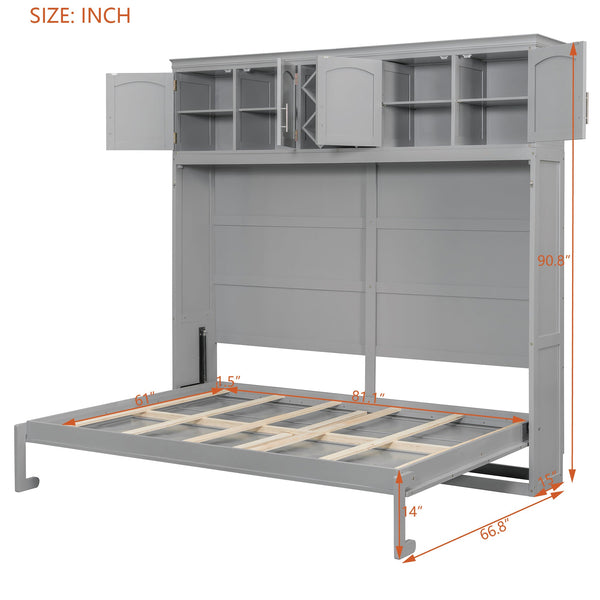 Queen Size Murphy Bed Wall Bed with Top Cabinets & Wine Rack ,Gray(OLD SKU:LP000879AAE)