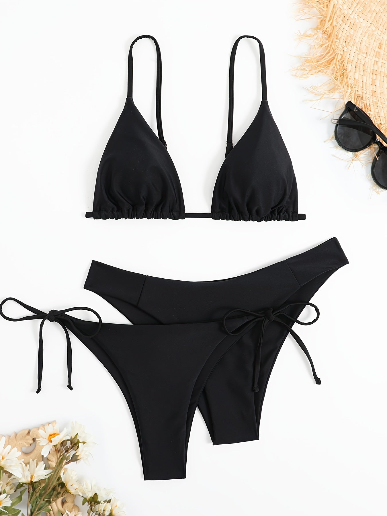 Essential Edge 3-Piece Bikini Set for Women – Solid Color High-Cut Triangle Top Two-Style Bottoms with Side Lace-Up Design & Quick-Drying Comfort – Versatile Women's Swimwear for Summer Pool Beach & Travel