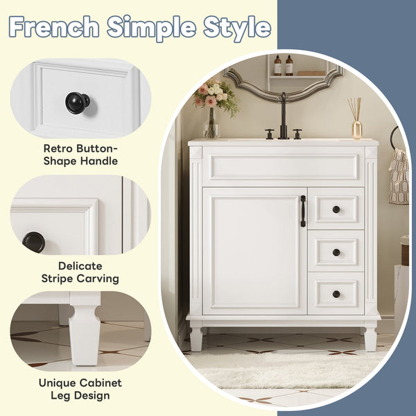 Bathroom Vanity with Ceramic Sink, Modern Cabinet with 2 Drawers & Shelf