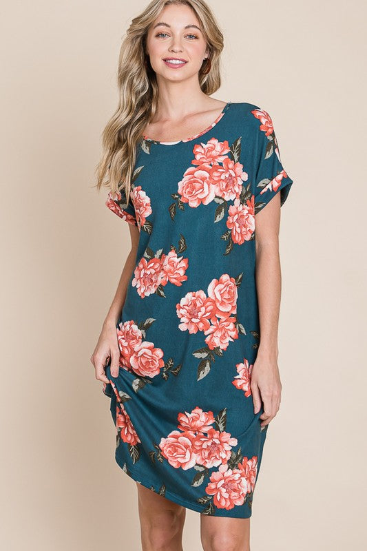 New Summer Floral Round Neck Short Tee Dress with Pockets For Women – Casual and Comfortable Floral Tee Dress with Pockets for Everyday Wear