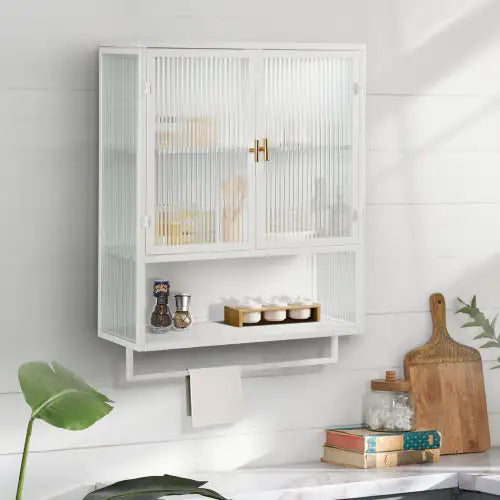 Elegant Dual-Door Wall Cabinet with Glass Panels and Storage Shelves Ameraeon
