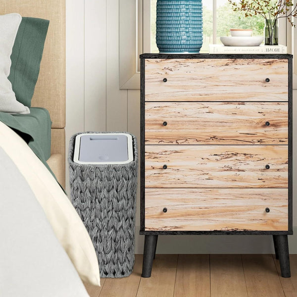 Boho Rattan Woven Trash Can with Press Top Lid, Wicker Wastebasket and Hamper