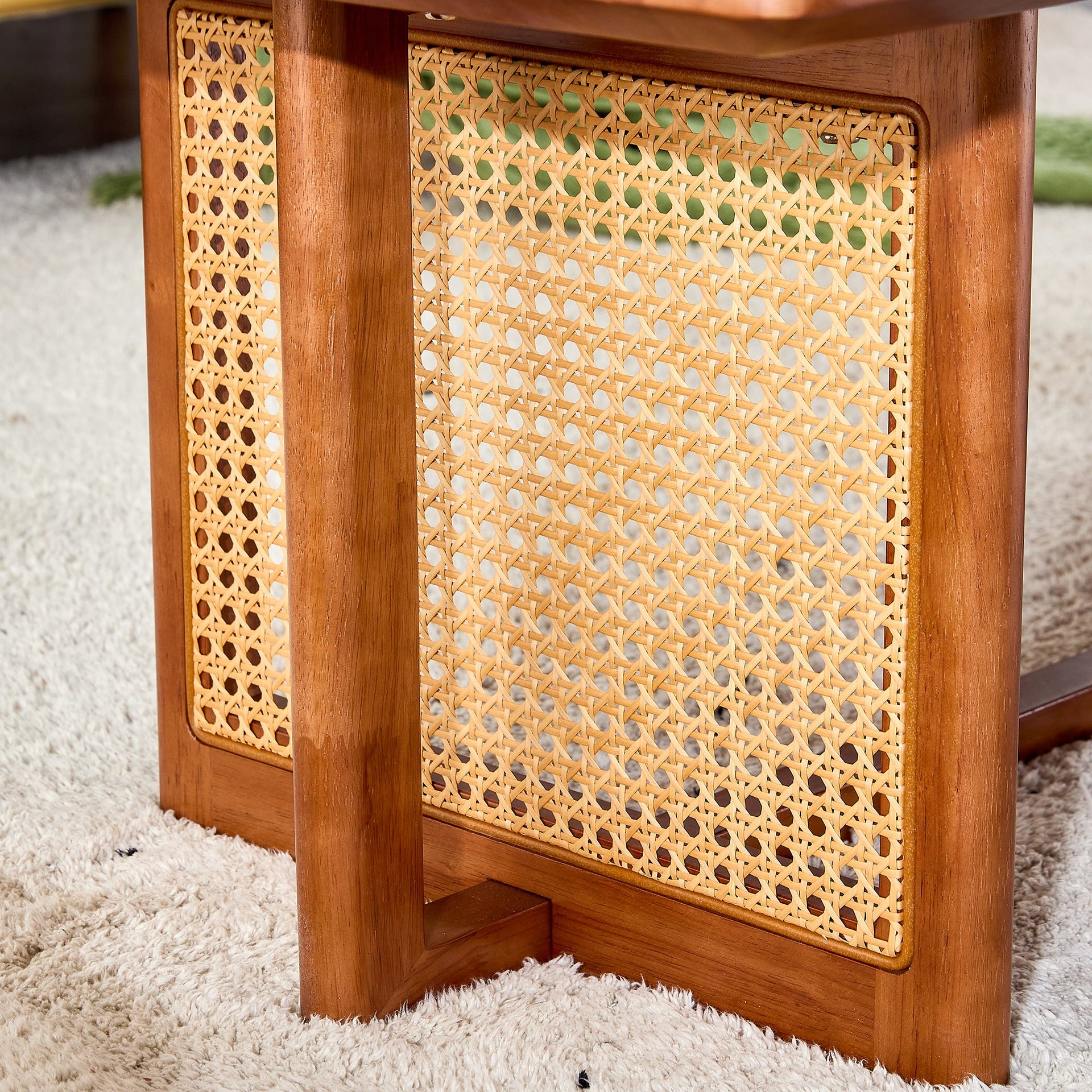 Natural Rubberwood and Solid Wood Coffee Table with Rattan Weave, Modern Minimalist