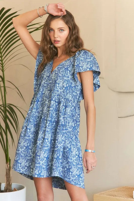 New Summer Printed V-Neck Ruffle Sleeve Mini Dress For Summer – Feminine Floral Print Dress, Stylish, Fashionable, Flirty & Fun