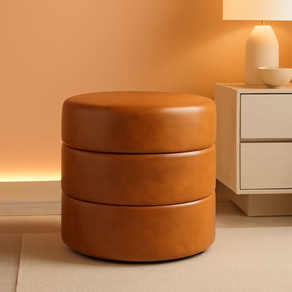 Round Upholstered Faux Leather Ottoman Footrest Camel