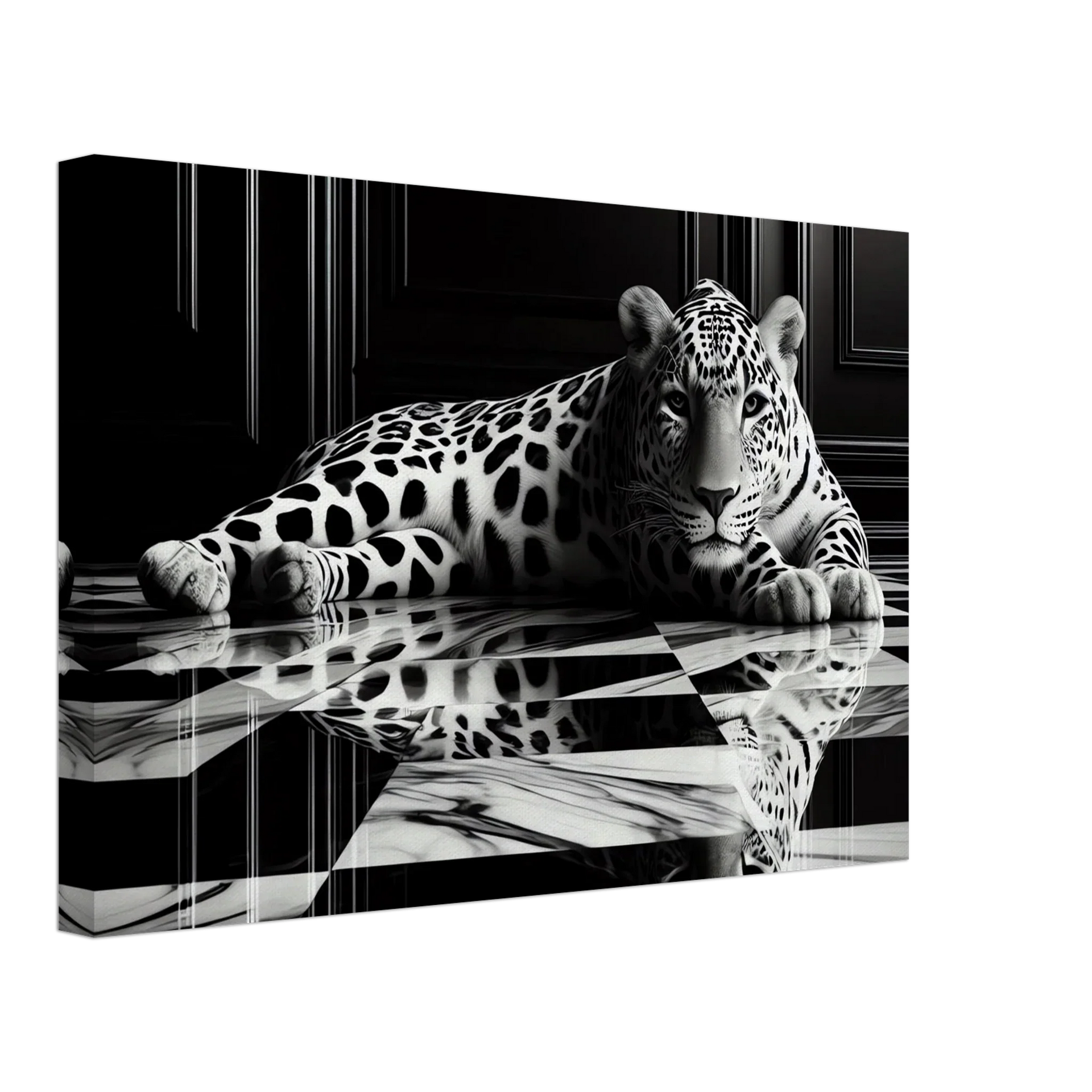 Leopard Canvas Art Print – Striking Design on Black & White Checkered Marble Floor