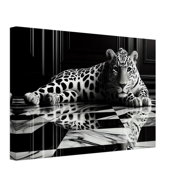 Leopard Canvas Art Print – Striking Design on Black & White Checkered Marble Floor