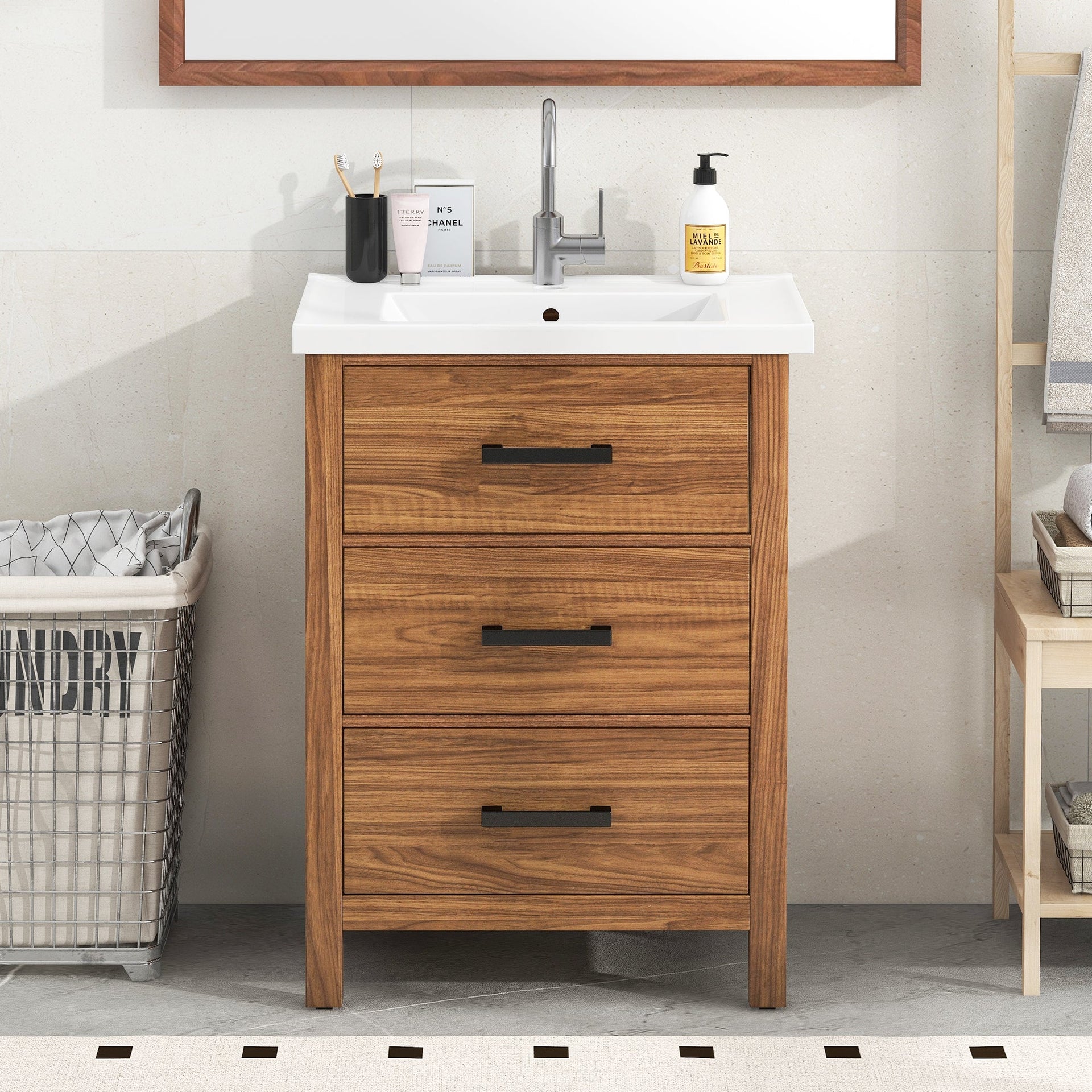 24'' Bathroom Vanity with Ceramic Basin Sink, Modern Bathroom Storage Cabinet with 3 Drawers, Freestanding Bathroom Vanity Cabinet with Single Sink (Same as SW000108AAP)
