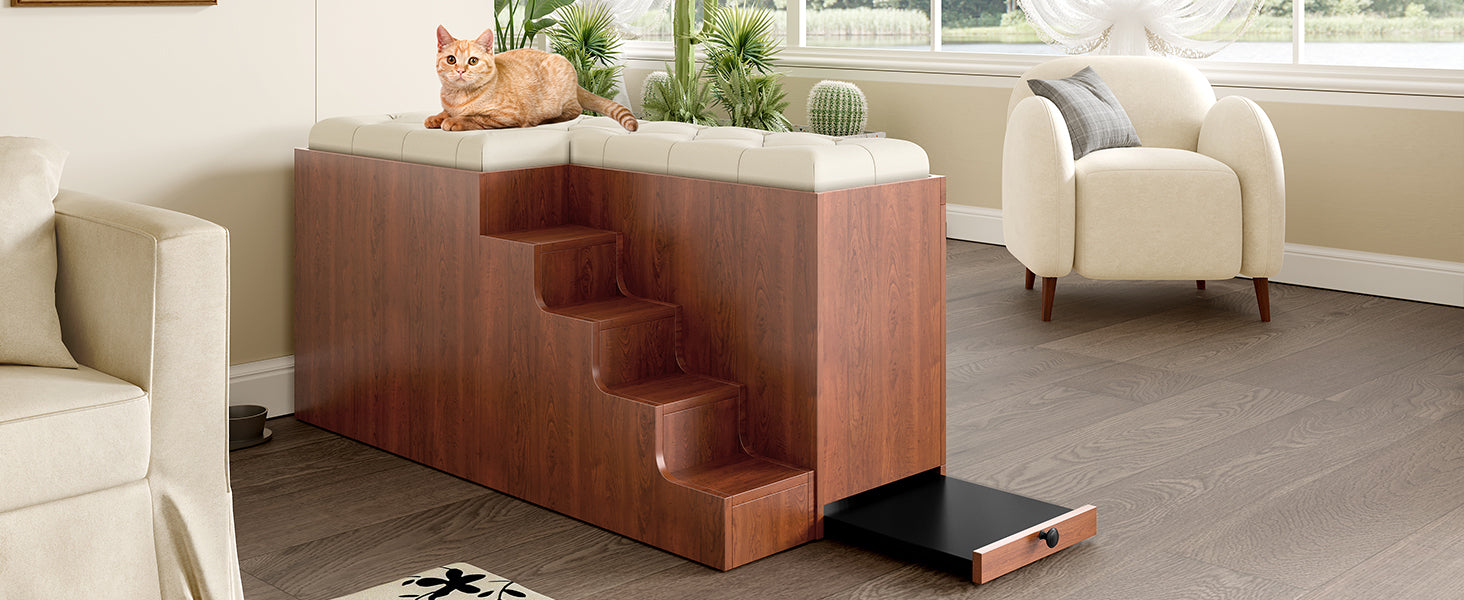 56'L, Furniture Style 2 in 1 Dog Crate with Padded Seat, Sliding Barn Door, Luxury Wooden Dog Kennel, End of Bed Bench Ottoman with Removable Cushion for Bedroom, Living Room, Walnut