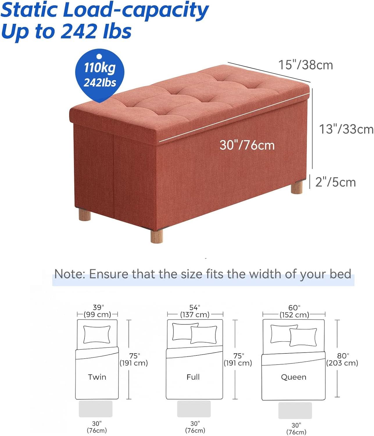 30 Inch Folding Storage Ottoman Bench Bright Orange