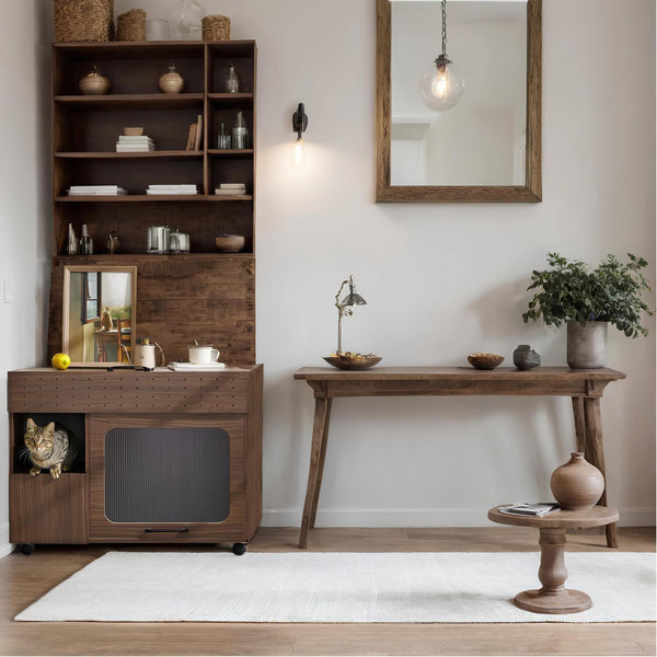 Furniture Style Multi-use Cat Litter Box House with Storage Walnut Particle Board MDF