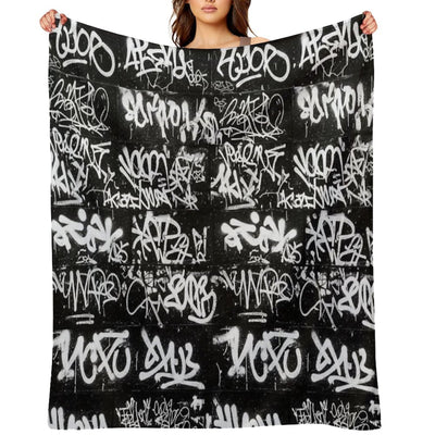White Graffiti Tags on Black Wall Mural Durable Throw Blanket