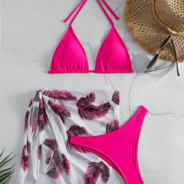 Feather Luxe 3-Piece Bikini Set – Exotic Feather Print Halter Neck Backless Swimsuit with High Cut Tie Back Bottoms and Wrap Cover-Up – Women’s High-Stretch Comfortable Swimwear for Summer Beach & Pool Vacations