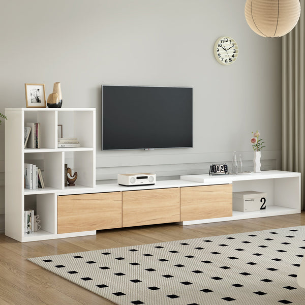 Modern Buddify Extendable TV Stand with 3 Tier Bookshelves placed in a stylish living room, showcasing its versatile storage and sleek look.