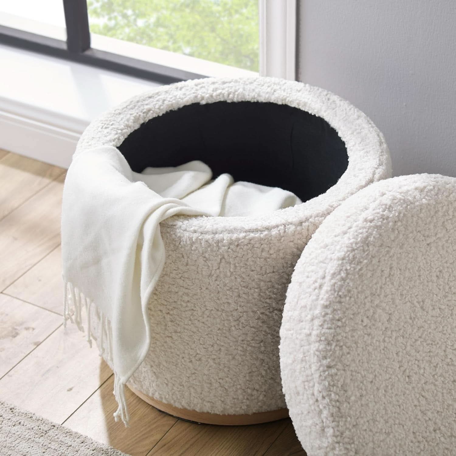 Cream Sherpa Deluxe Storage Ottoman Solidwood Base