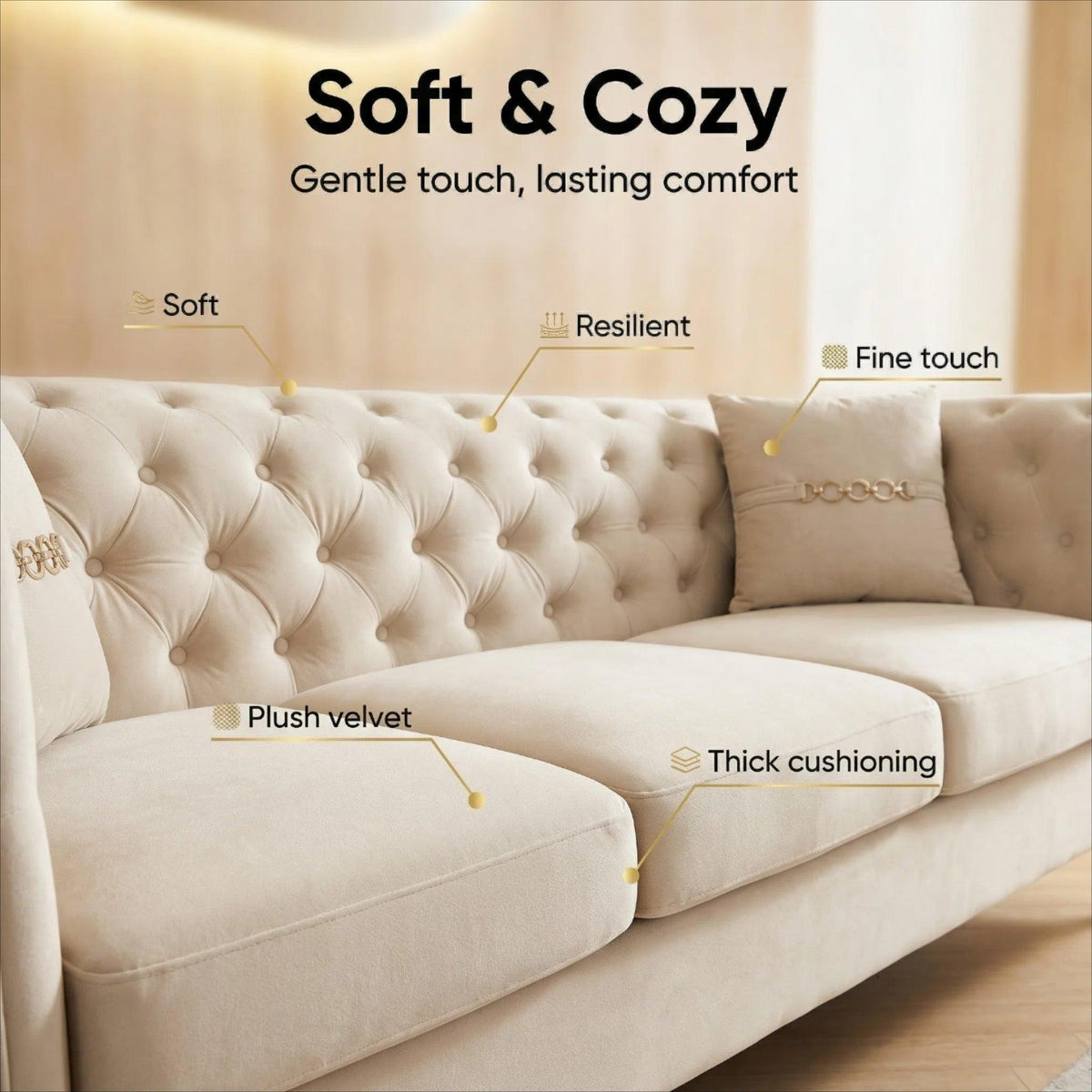 Ivory Velvet 3‑Seat Sofa