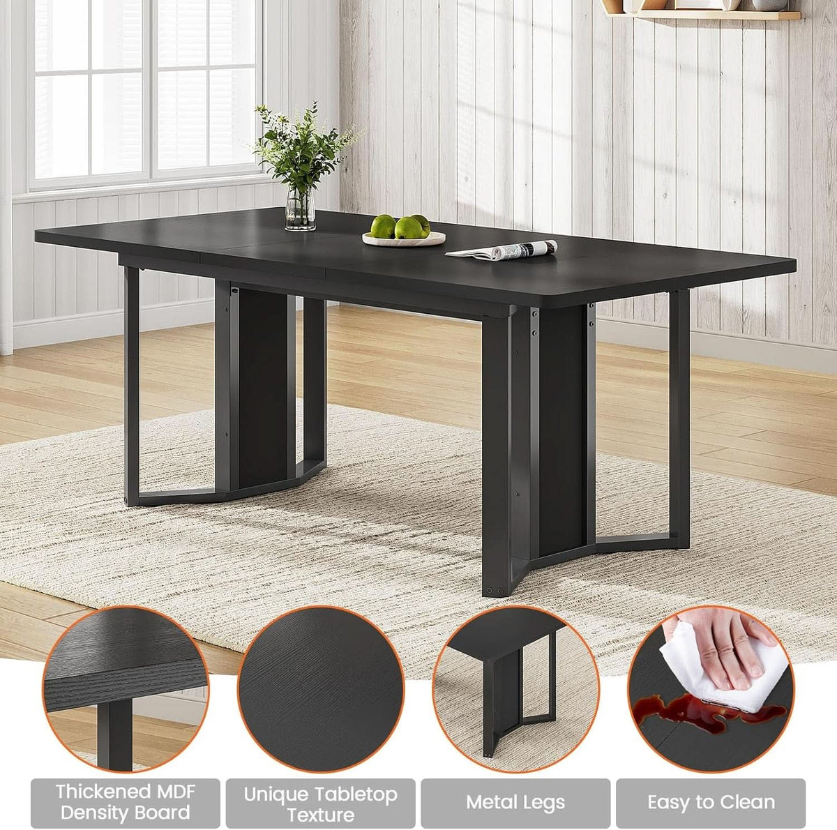 63 Inch Extendable MDF Board Dining Table Set Black Finish