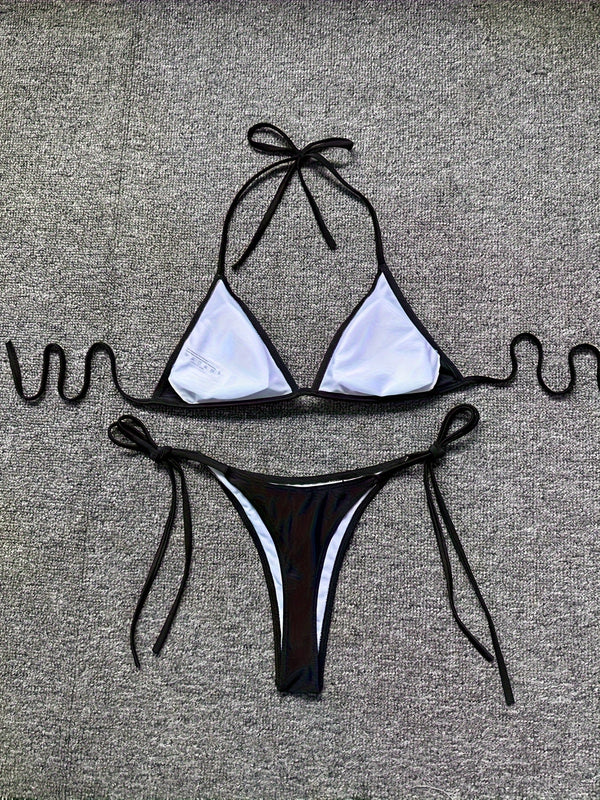 Bikini Leopard Print 2 Piece Swimsuit for Women – High Cut Lace-Up Backless Flattering Bikini Set with Halter Spaghetti Strap – Stretchy Sexy and Stylish Swimwear for Pool Beach and Summer Vacation