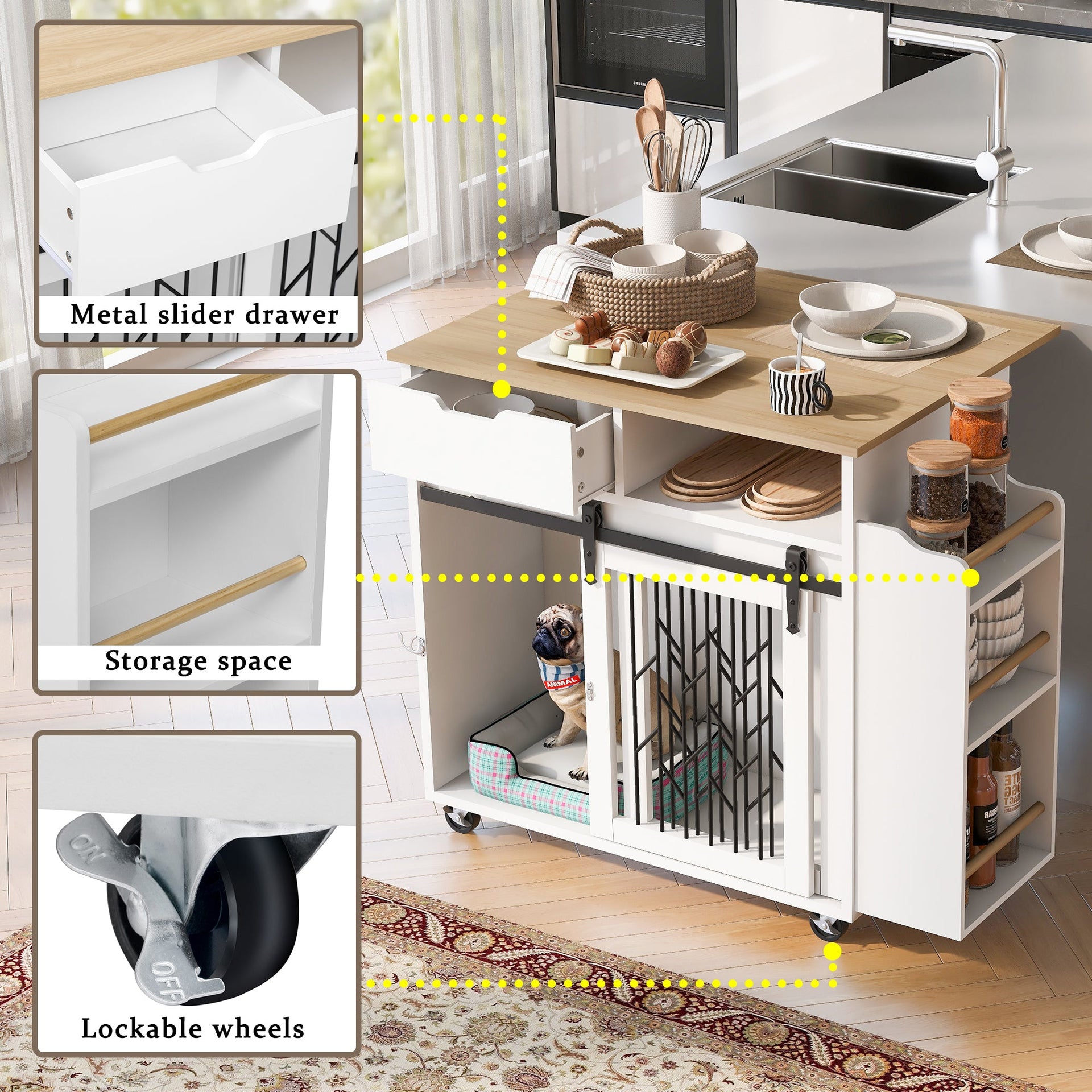 Modern Style 2-in-1 Pet Friendly Dog Crate Kitchen Island End Table Natural White MDF Metal Pine