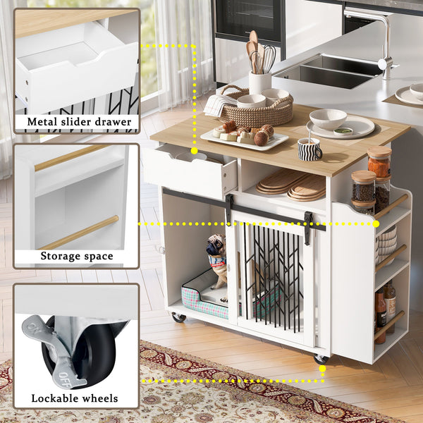 Modern Style 2-in-1 Pet Friendly Dog Crate Kitchen Island End Table Natural White MDF Metal Pine