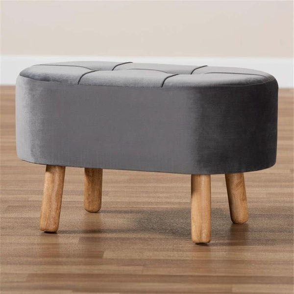 Greyish Velvety Upholstered Wood Ottoman Mid Century