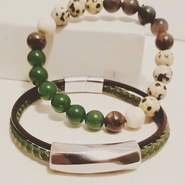 Dalmatian Jasper and Green Jade Bracelet set