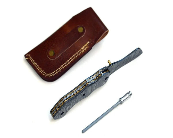 Damascene Gentleman's Cool Damascus Pocket Knife with Damascus Handle & Sheath - Gifts for You 'n Me