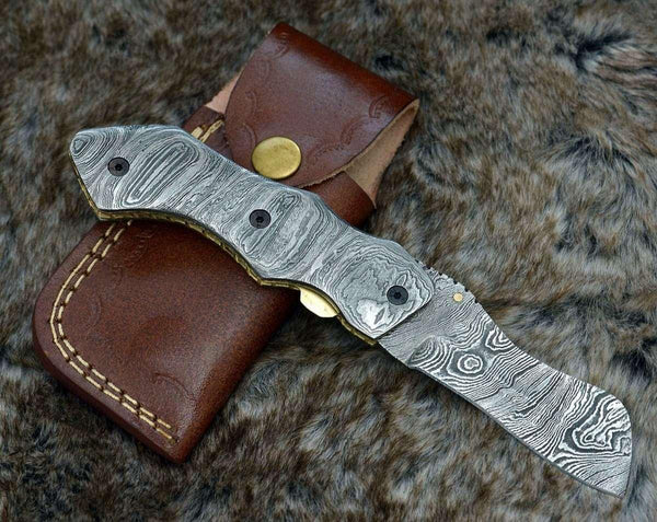 Damascene Gentleman's Cool Damascus Pocket Knife with Damascus Handle & Sheath - Gifts for You 'n Me