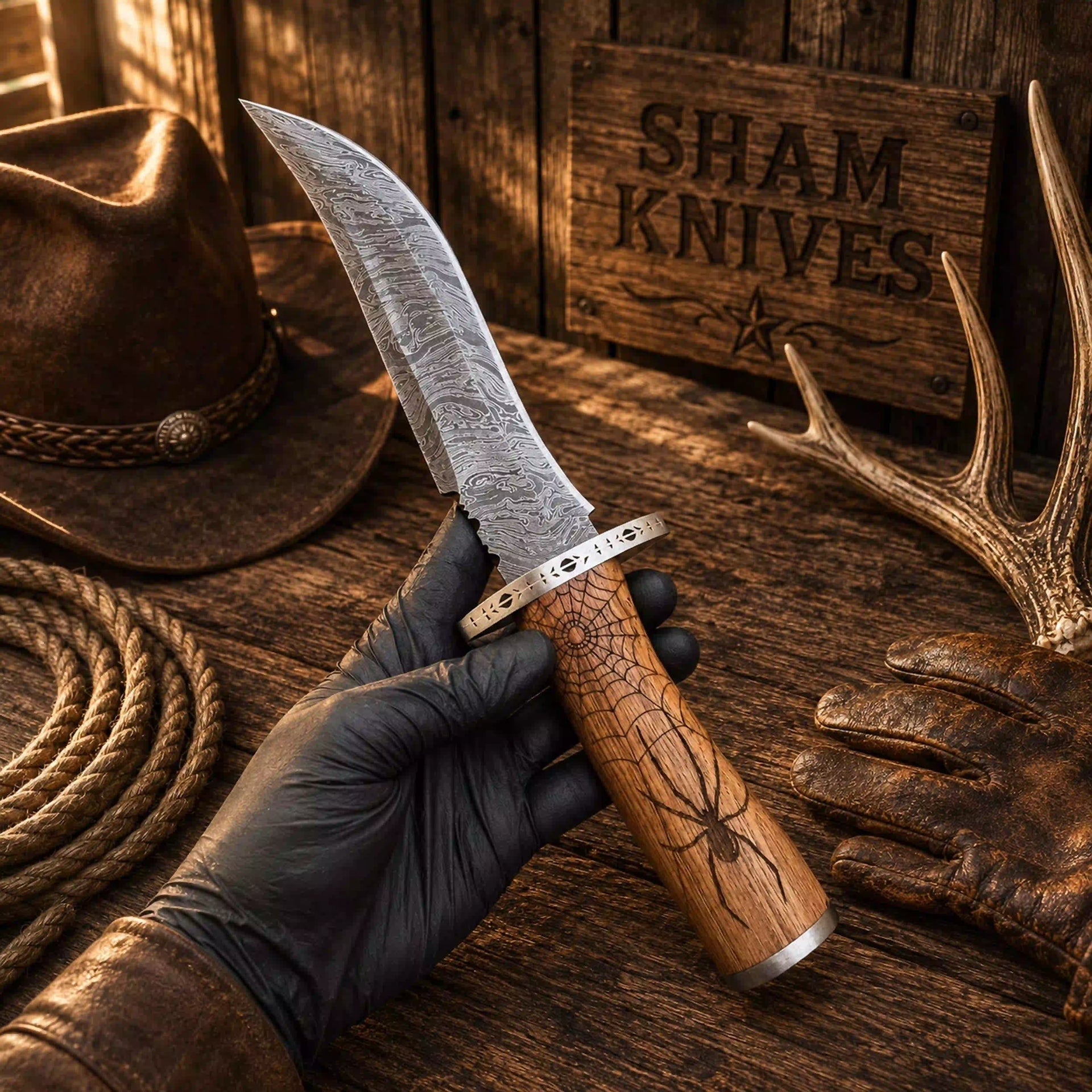 Web of Steel Bowie Knife – Damascus & Spider Engraved Walnut Wood Handle