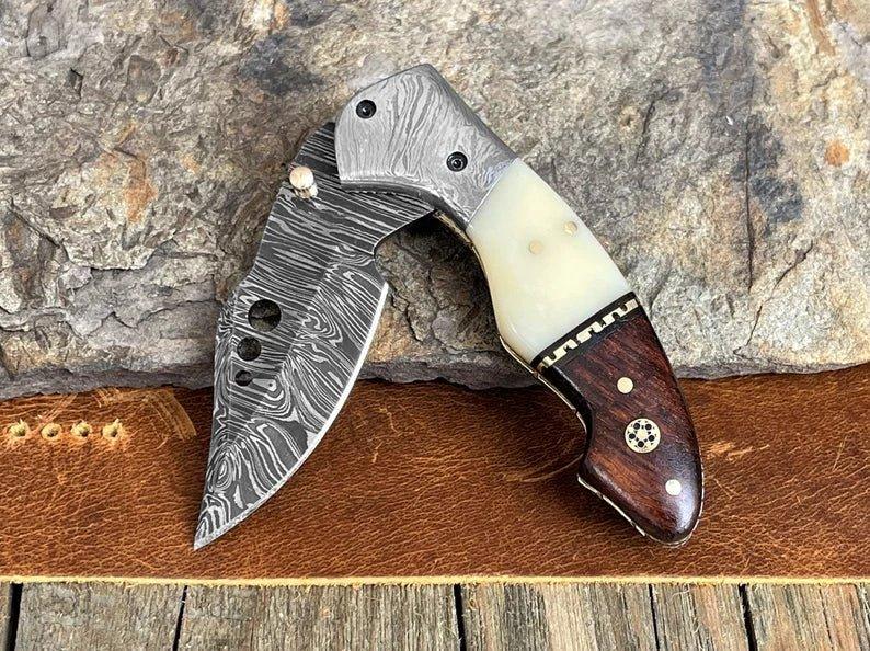 Damascus Steel Pocket Knife with Belt Clip Camel Bone Rose Wood Handle