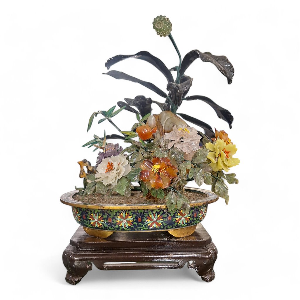 16''H - Cloisonne Basin And Jade Stone Flowers And Plants. C 1980 - 1 item left.
