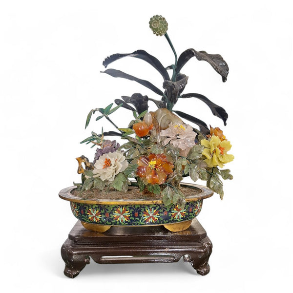16''H - Cloisonne Basin And Jade Stone Flowers And Plants. C 1980 - 1 item left.