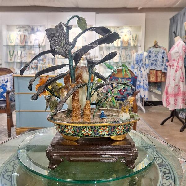 16''H - Cloisonne Basin And Jade Stone Flowers And Plants. C 1980 - 1 item left.